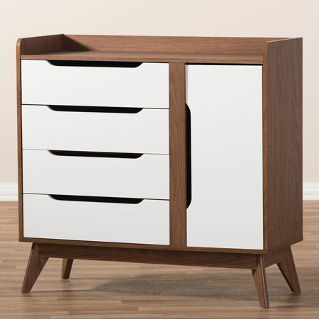 Baxton Studio Brighton Mid-Century Modern White and Walnut Wood Storage Shoe Cabinet 137-7497